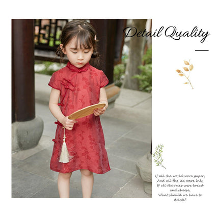 Summer Cotton Cheongsam Dress Girls Retro Solid Color Fashion Solid Color Dress - Aimall