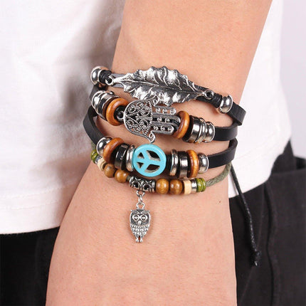 Turquoise Woven Leather Multi Layered Beaded Bracelet with Wood Beads Women