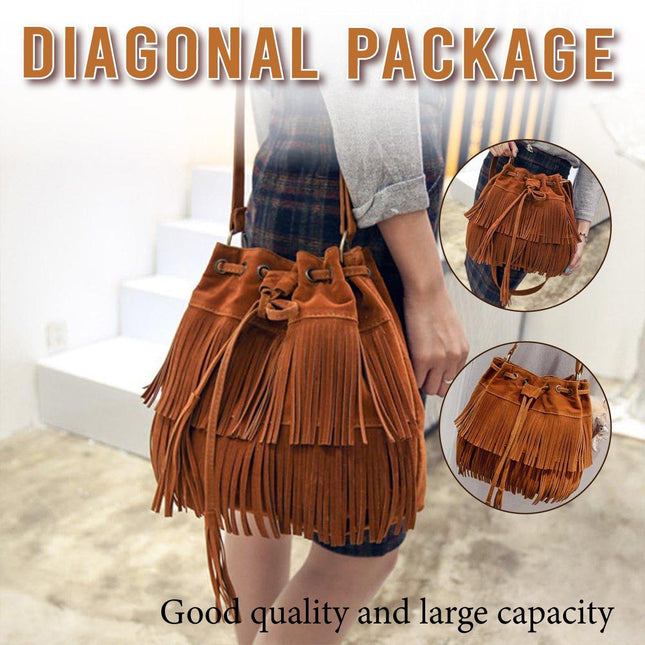 Brown Soft Velvet Tassel Womens Drawstring Shoulder Crossbody Bag for Fashion