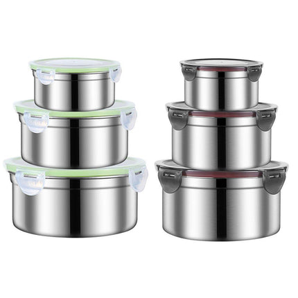 3PCS Stainless Steel Sealed Crisper Storage Box with Lid Round Food Lunch Box