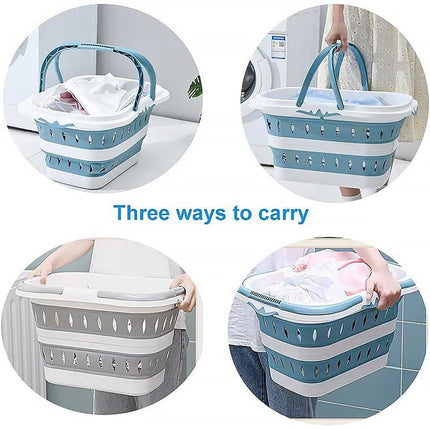 Large Folding Laundry Basket Plastic Dirty Clothes Hamper Blue Bathroom Storage