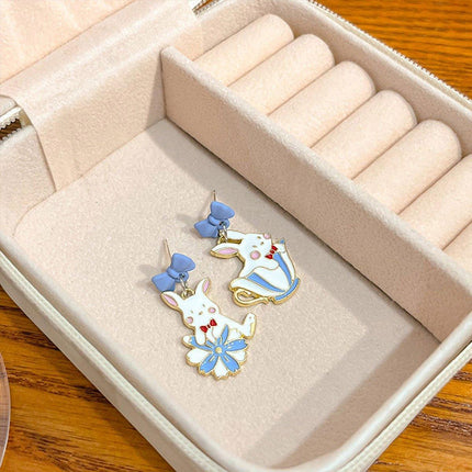 Cartoon Rabbit Earrings with Blue Bow Irregular Shape Cute Fashion Jewelry
