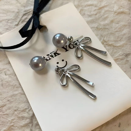 Grey Pearl Ribbon Long Tassel Earrings Elegant Fashion Jewelry for Women Gift