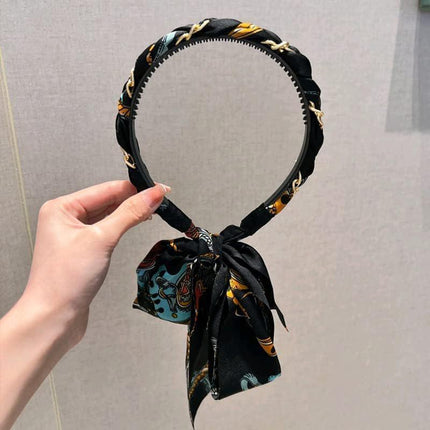 Chains patterned satin headband with Long Scarf Headband Scarf Hair Accessories - Aimall