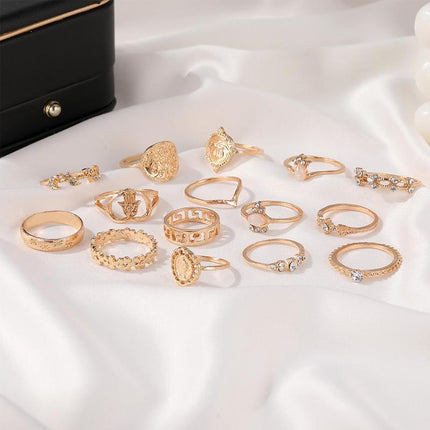 Gold Hollow Stackable Joint Ring Set 15 PCS Various Styles Versatile Womens - Aimall