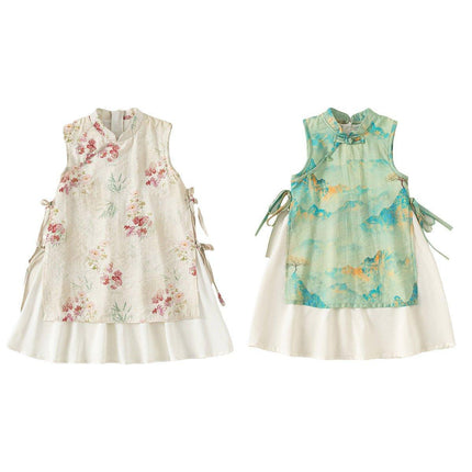 Floral Chinese Style Hanfu Cheongsam Dress for Girls Traditional National Outfit