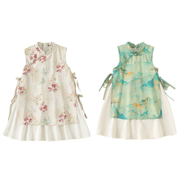 Floral Chinese Style Hanfu Cheongsam Dress for Girls Traditional National Outfit