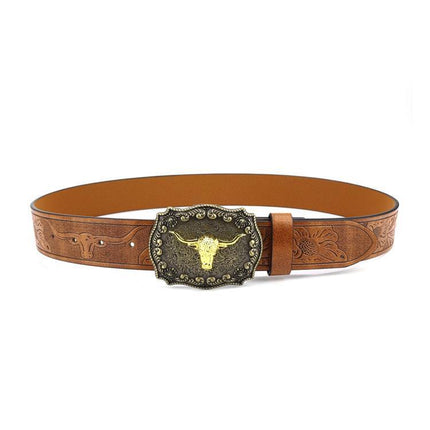 Retro Punk Belt with Cow Head Large Plate Buckle Trendy Western Waist Strap
