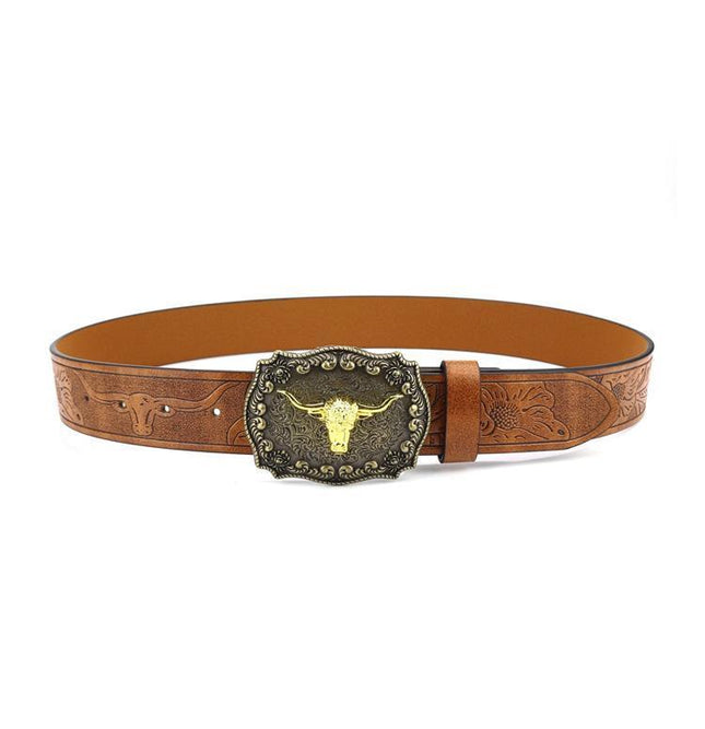Retro Punk Belt with Cow Head Large Plate Buckle Trendy Western Waist Strap
