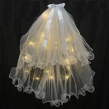 Bow Flower Girl Children Kids Hair Head Veil pearl with Lamp Flashing Wedding - Aimall
