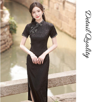 Black Cheongsam Chinese Traditional Above-Knee Dress Split Slim Standing Collar