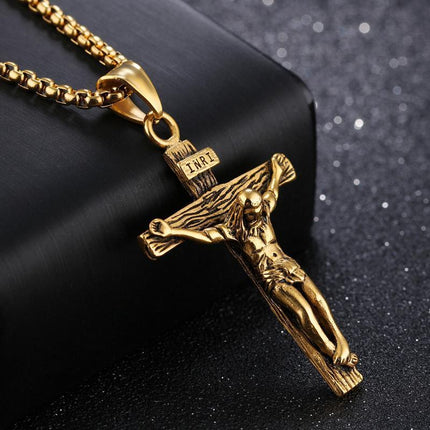 Men Stainless Steel Gold Silver Black Jesus Crucifix Pendant Chain Necklace Gold&Black - Aimall