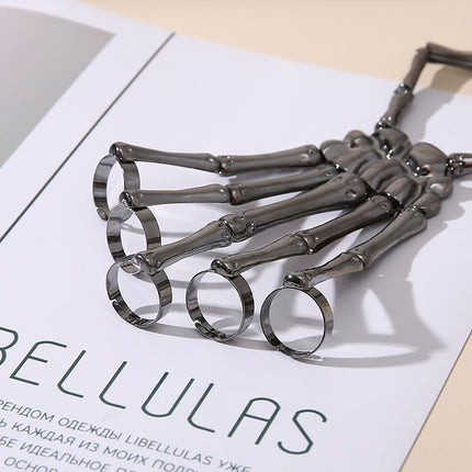 Punk Skeleton Hand Bone Five Finger Ring Bracelet Adjustable Halloween Brace - Aimall