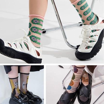 5Pair Thin Cartoon Trendy Socks Sheer Street Style Glass Silk Unisex Socks Party