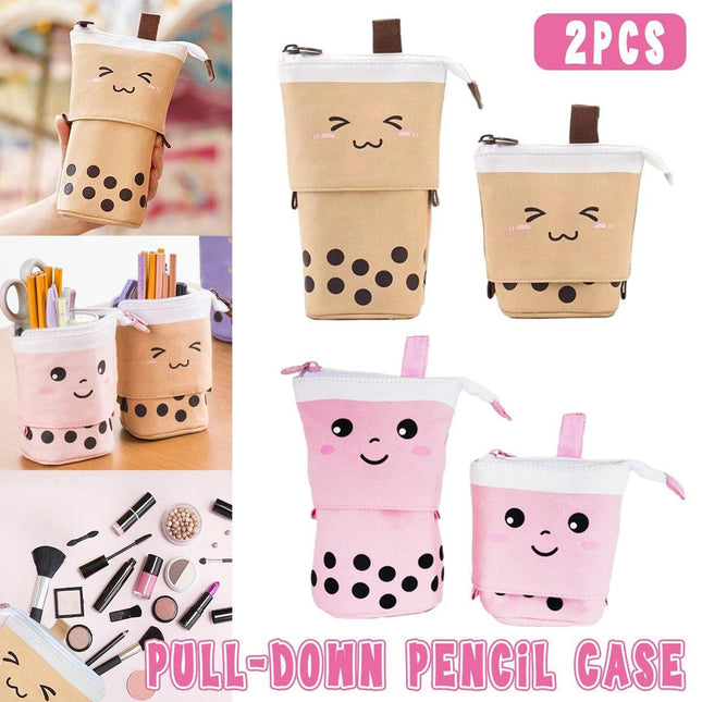 Cute Bubble Tea Cartoon Stationery Box Retractable Standing Pencil Holder Case