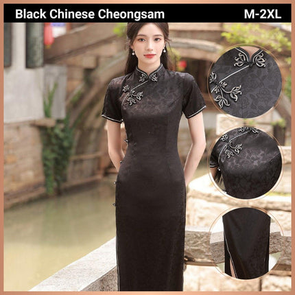 Black Cheongsam Chinese Traditional Above-Knee Dress Split Slim Standing Collar