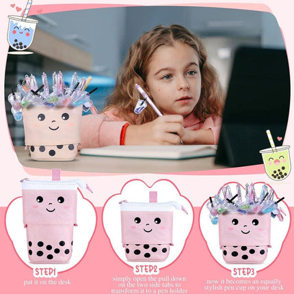 Cute Bubble Tea Cartoon Stationery Box Retractable Standing Pencil Holder Case
