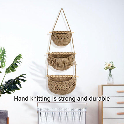 Three Layer Cotton Rope Wall Hanging Basket Door Storage Rack Organizer Bag