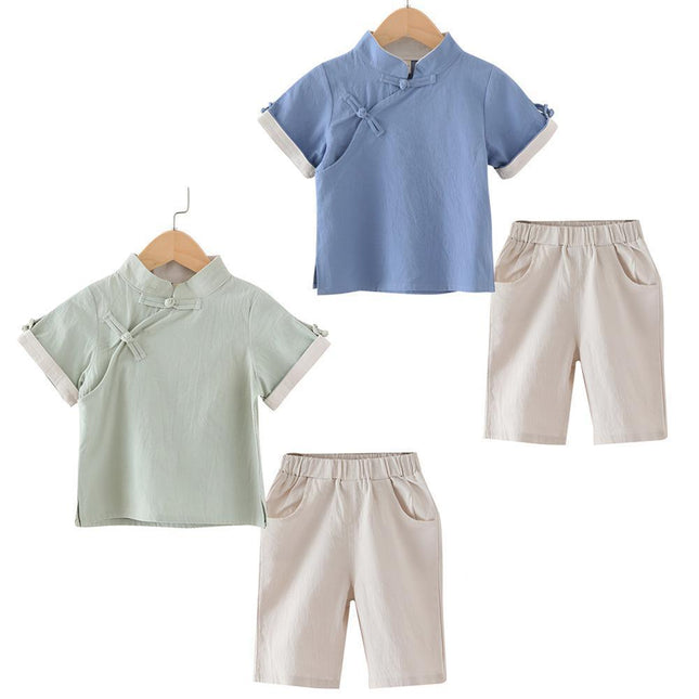 Boys Chinese Traditional Hanfu Outfit Summer Cotton Linen Set Tang Suit