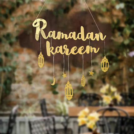 Ramadan Kareem Wooden Ornament Eid Mubarak Islam Mosque Party Hanging Decor Aimall