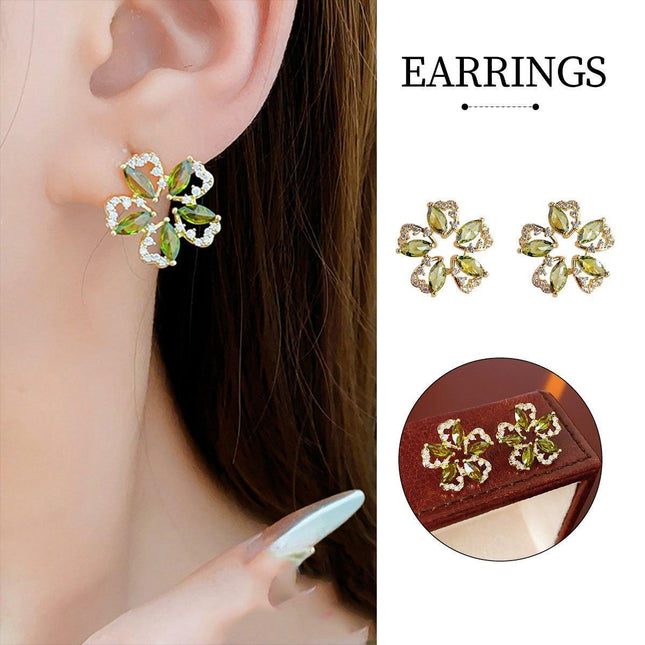 Luxury Olive Green Zircon Flower Earrings Fashion High-end Needle Earrings