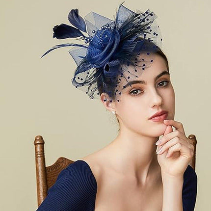 Blue Vintage Bridal Headdress Feather Flower Mesh Hair Accessories for Cheongsam