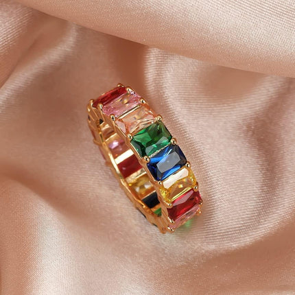 Rainbow Zircon Gemstone Ring Women's Stainless Steel Colourful Ring Size 6-10 - Aimall