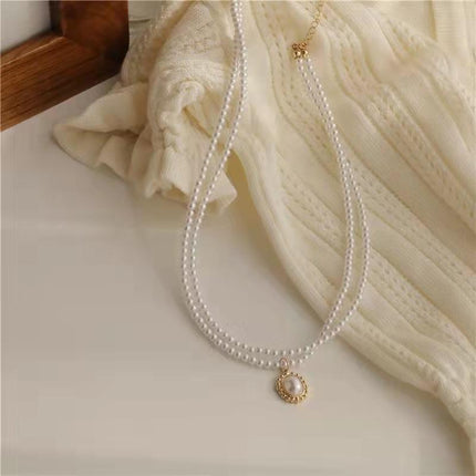 Retro Double Layer Women Necklace Pendant Necklace Clavicle Chain Pearl Choker - Aimall