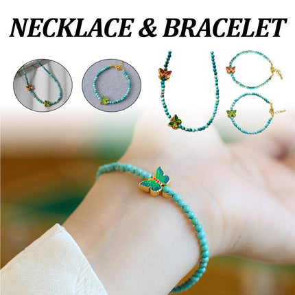 New Chinese Turquoise Butterfly Beaded Necklace and Bracelet Set Women
