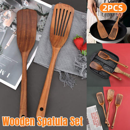 2pcs Wooden Frying Spatula Long Handle Stir Fry Spatula Kitchen Cooking Utensils