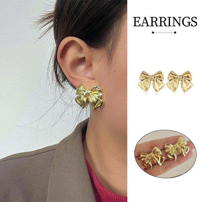 Gold Bow Earrings Women Fashion Stud Jewelry Simple Elegant Gift