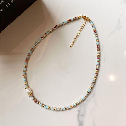 Vintage Ocean Style Blue Beaded Necklace Artsy Resort Fashion Jewelry