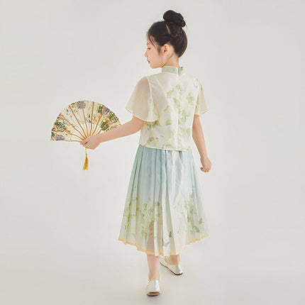 New Chinese Style Girls Short-Sleeved Horse Skirt Suit Traditional Two-Piece Outfit
