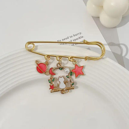 Cartoon Metal Brooch Cute Cat Swinging With Planet Moon Pendant Brooch Pin - Aimall