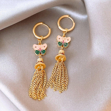 Fashion Retro Color Oil Dropping Butterfly Earrings Tassel Luxury Simple Earring