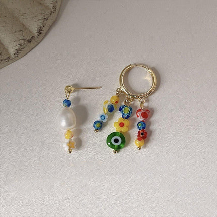 Vintage Asymmetrical Earrings Handmade Floral Glass and Pearl Drop Design for Women