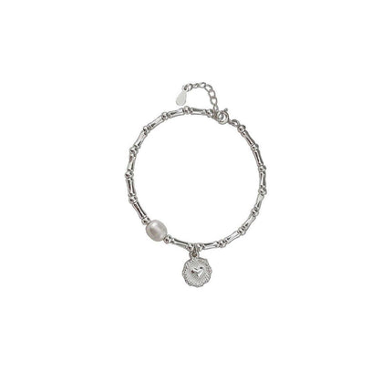 S925 Silver Handmade Bamboo Link Heart and Pearl Pendant Bracelet INS Style Jewelry