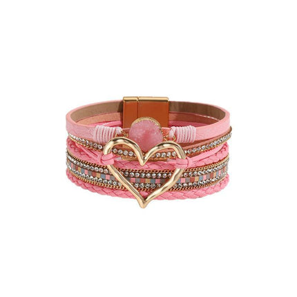 Chic Women's Multi-Color Leather Wrap Bracelet Love Heart Charms Magnetic Clasp - Aimall