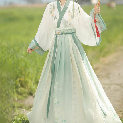 Hanbok Women One Piece Green Flounce Skirt Set Traditional Chinese Style Dress