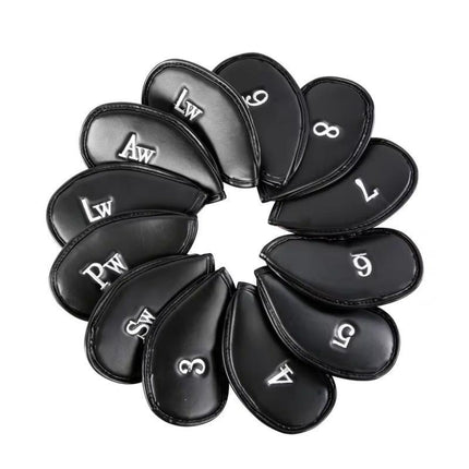 12PCS PU Leather Head Cover Golf Iron Club Putter Headcover 3-SW Set Black - Aimall
