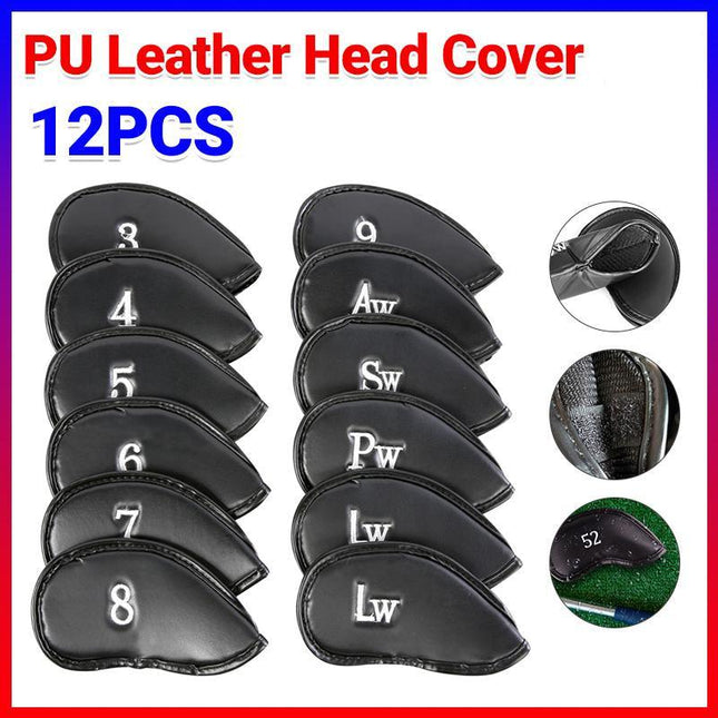 12PCS PU Leather Head Cover Golf Iron Club Putter Headcover 3-SW Set Black - Aimall