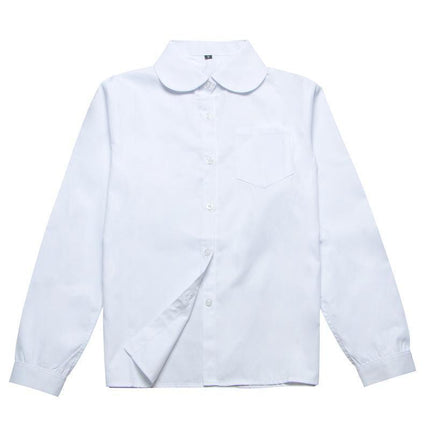 White Girls Peter Pan Collar Long Sleeve School Shirt with two button Adjustable Cuff - Aimall