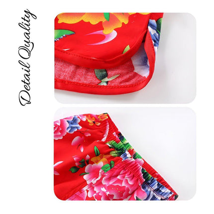 Floral Print Summer Outfit Cotton Vest Shorts and Scarf Three-Piece Set