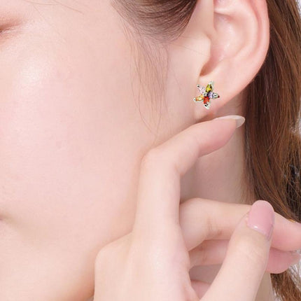 Colourful Petal Zircon Earrings Silver Ladies Wedding Party Christmas Gift - Aimall