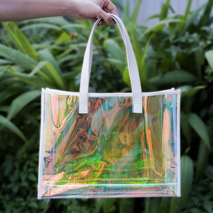 2PCS Transparent PVC Tote Bag Hologram Jelly Cosmetic GiftBag Iridescent Handbag