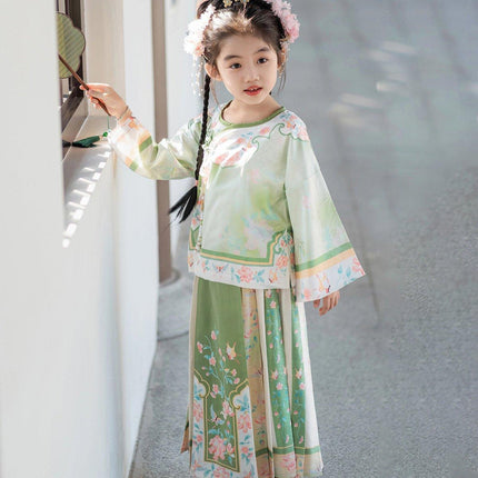 Spring Chinese Style Hanfu Girls Modified Tang Suit Two-Piece Colourful Set