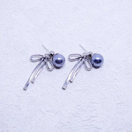 Grey Pearl Ribbon Long Tassel Earrings Elegant Fashion Jewelry for Women Gift