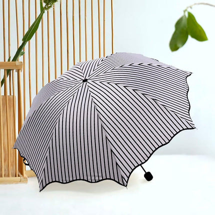 Stripe Sun Umbrella Rainy Folding Umbrella Women Sunscreen Black Rubber Sunshade