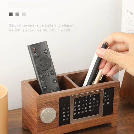 Black Walnut Wood Perpetual Calendar Pen Holder Desktop Organizer Office Storage