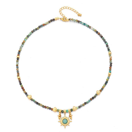 Vintage Colourful Beaded Necklace for Women with Turquoise Sun Pendant Fashion